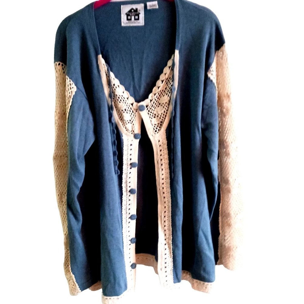 Storybook Knits sweater, blue/cream. Size L